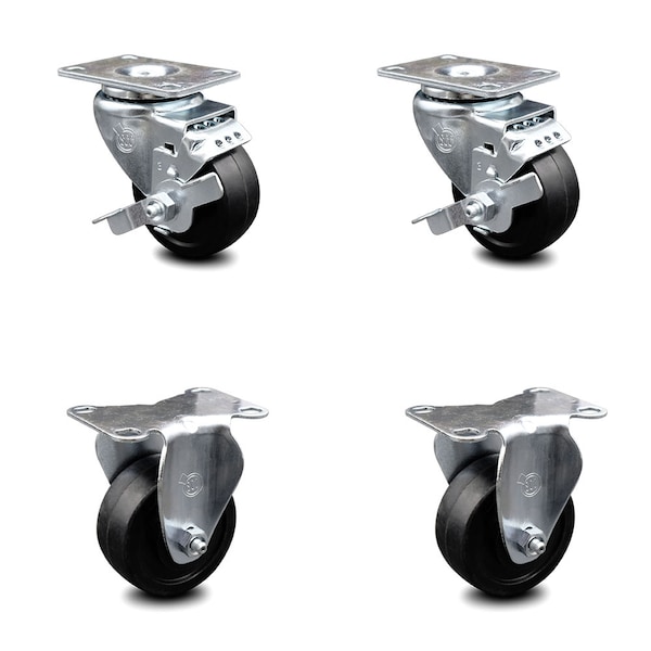 3 Inch Soft Rubber Wheel Swivel Top Plate Caster Set with 2 Brake 2 Rigid SCC
